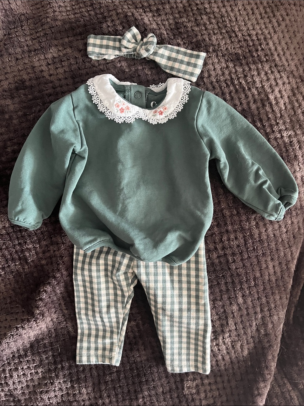 Girls Green Collar Top, Gingham Leggings & Headband Matching Set